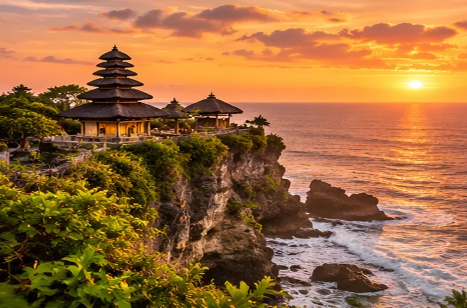 Ilustrasi pura Bali saat matahari terbenam